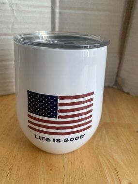 Life Is Good White Tumbler w American flag Triple insulated stainless Steel NWT